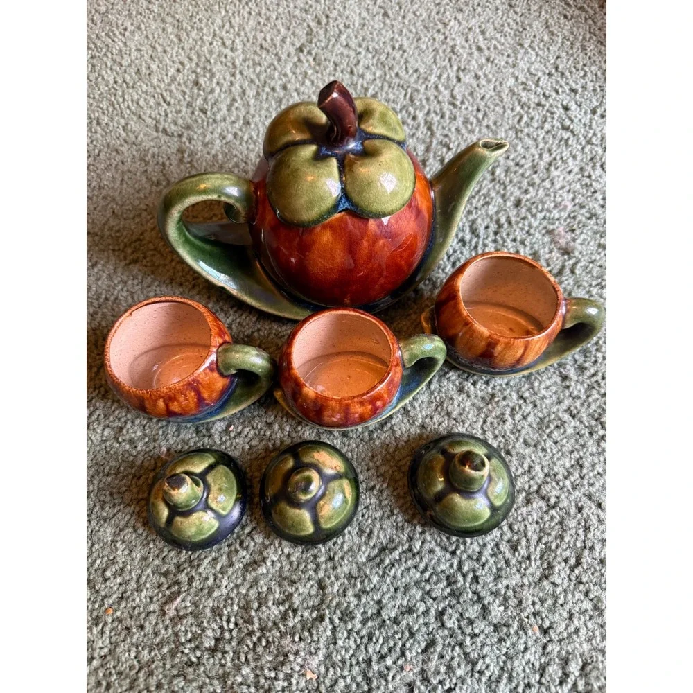 Vintage Mangosteen Ceramic Tea Set Teapot and 3 Lidded Cups Fruit Design Glazed